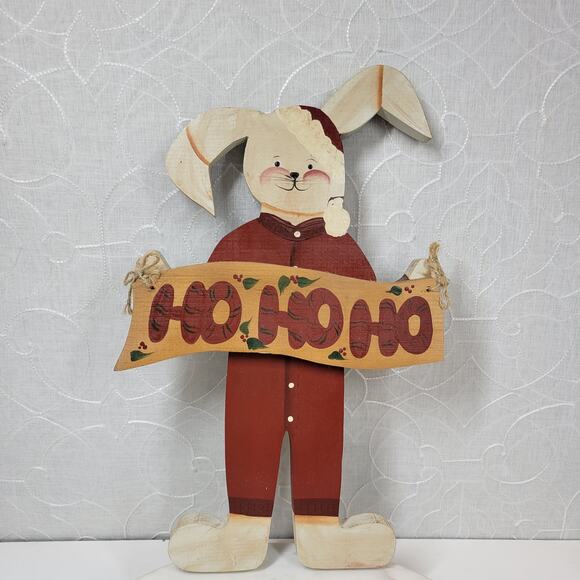 VINTAGE Bunny Santa Claus Ornament 15" HO HO HO Handmade Folk‎ Art Christmas - Picture 5 of 13